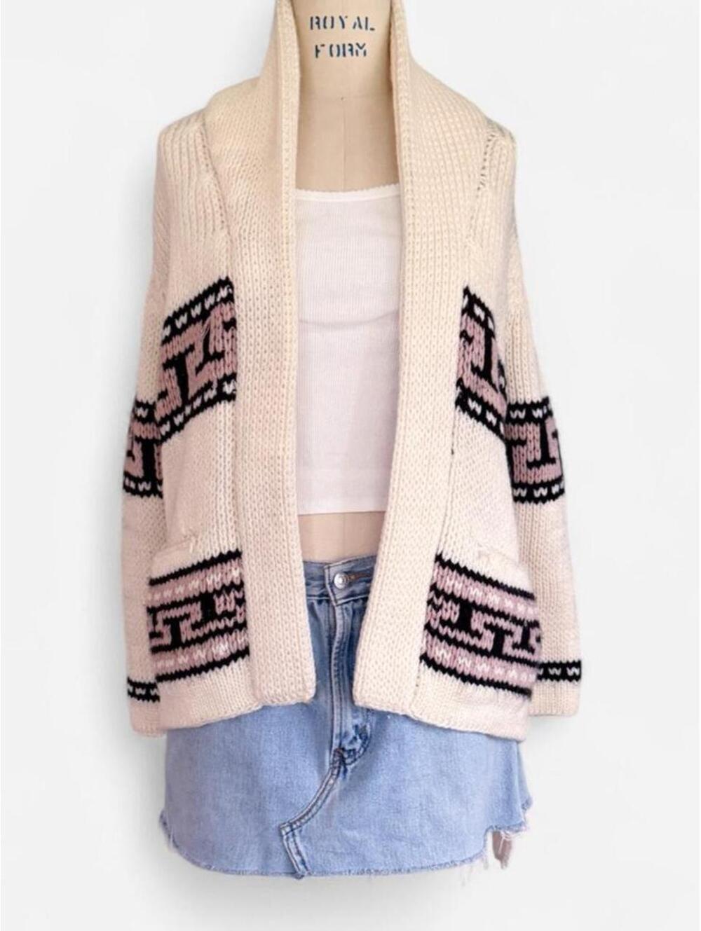 Vintage 80s Greek Key Chunky Knit Cardigan in Cream